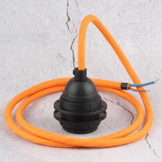 Textilkabel Orange mit E27 Lampenfassung und 2 Schraubringe Kunststoff schwarz 1-5m