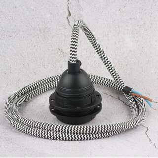 Textilkabel Schwarz-Weiß zick-zack mit E27 Lampenfassung und 2 Schraubringe Kunststoff schwarz 1-5m