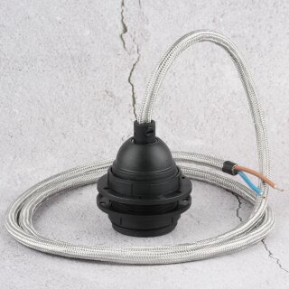 Textilkabel Silber mit E27 Lampenfassung und 2 Schraubringe Kunststoff schwarz 1-5m