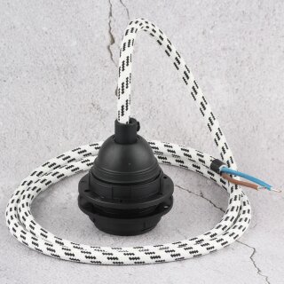 Textilkabel Schwarz-Weiß mit E27 Lampenfassung und 2 Schraubringe Kunststoff schwarz 1-5m