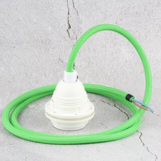 Textilkabel Kiwi-Grün mit E27 Lampenfassung und 2 Schraubringe Kunststoff weiß 1-5m