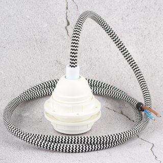Textilkabel Schwarz-Weiß zick-zack mit E27 Lampenfassung und 2 Schraubringe Kunststoff weiß 1-5m