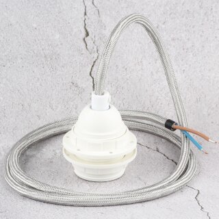 Textilkabel Silber mit E27 Lampenfassung und 2 Schraubringe Kunststoff weiß 1-5m