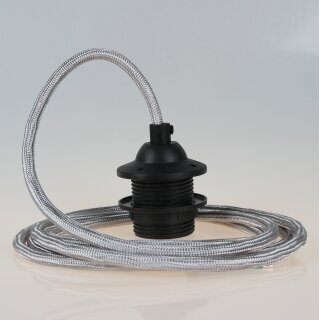 Textilkabel Silber mit E27 Dach-Lampenfassung schwarz 1-5m
