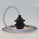 Textilkabel Silber mit E27 Dach-Lampenfassung schwarz 1-5m