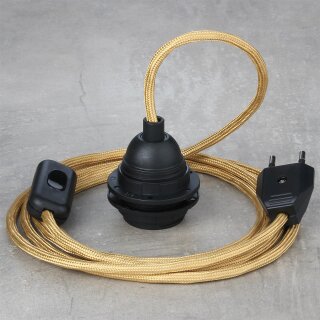 Textilkabel Gold mit E27 Lampenfassung Schnurschalter und Euro-Flachstecker schwarz