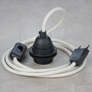 Textilkabel Kiesel mit E27 Lampenfassung Schnurschalter und Euro-Flachstecker schwarz
