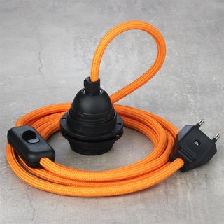 Textilkabel Lampenpendel orange mit E27 Kunststoff Lampenfassung Schnurschalter und Euro-Flachstecker schwarz