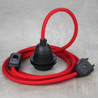 Textilkabel Rot mit E27 Lampenfassung Schnurschalter und Euro-Flachstecker schwarz