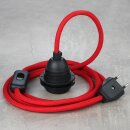 Textilkabel Rot mit E27 Lampenfassung Schnurschalter und Euro-Flachstecker schwarz