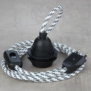 Textilkabel Schwarz-Weiß mit E27 Lampenfassung Schnurschalter und Euro-Flachstecker schwarz