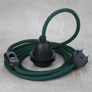 Textilkabel Dunkelgrün mit E27 Lampenfassung Schnurschalter und Euro-Flachstecker schwarz
