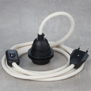 Textilkabel Elfenbein mit E27 Lampenfassung Schnurschalter und Euro-Flachstecker schwarz