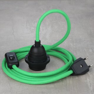 Textilkabel Kiwigrün mit E27 Lampenfassung Schnurschalter und Euro-Flachstecker schwarz