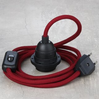 Textilkabel Bordeaux Rot mit E27 Lampenfassung Schnurschalter und Euro-Flachstecker schwarz